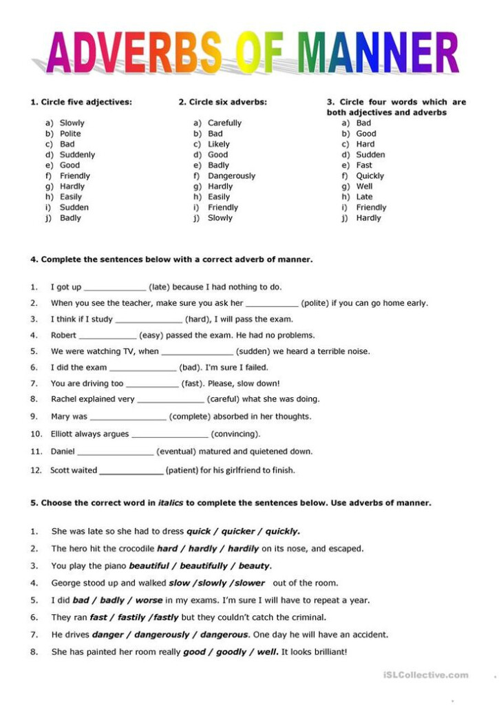 Adverb Of Manner Worksheet Adverbs Of Manner Display Worksheets Hot