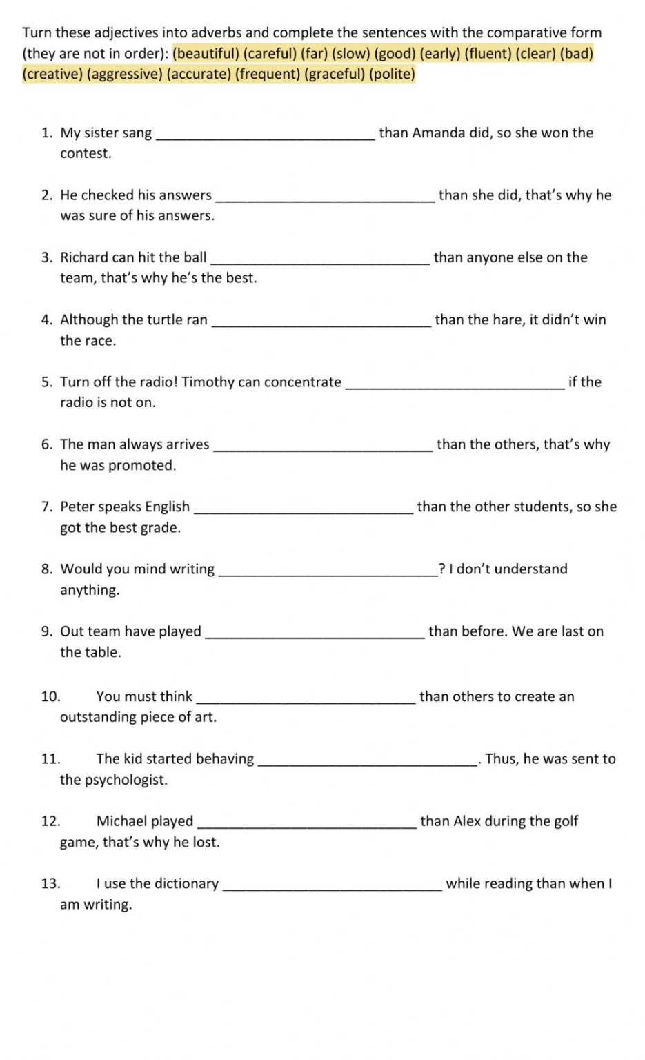 Comparative Adverbs Adverbworksheets Net