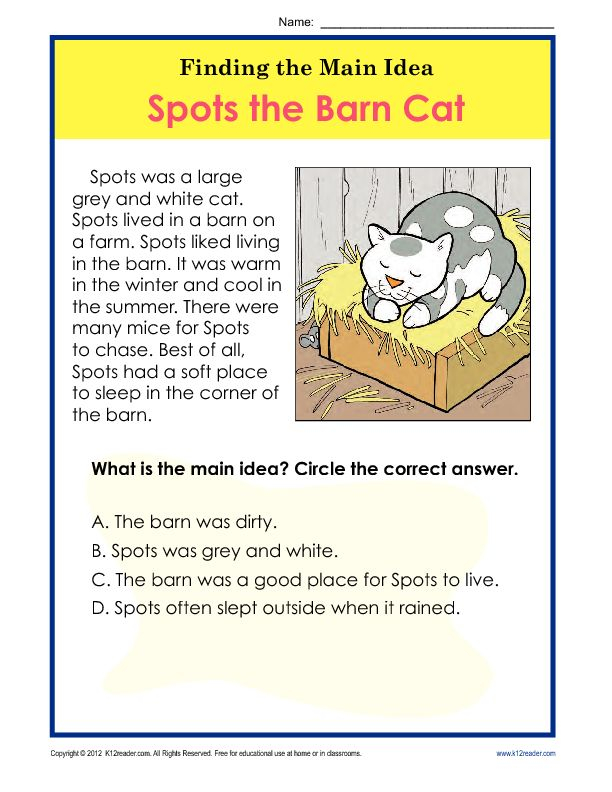1st Or 2nd Grade Main Idea Worksheet About Spots The Barn Cat Main 