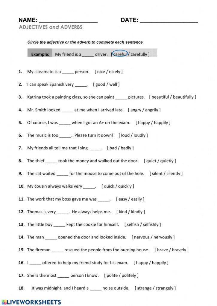 Adjective Vs Adverb Worksheet