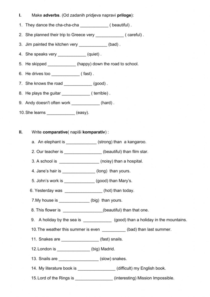 Adjectives And Adverbs Exercise Worksheet