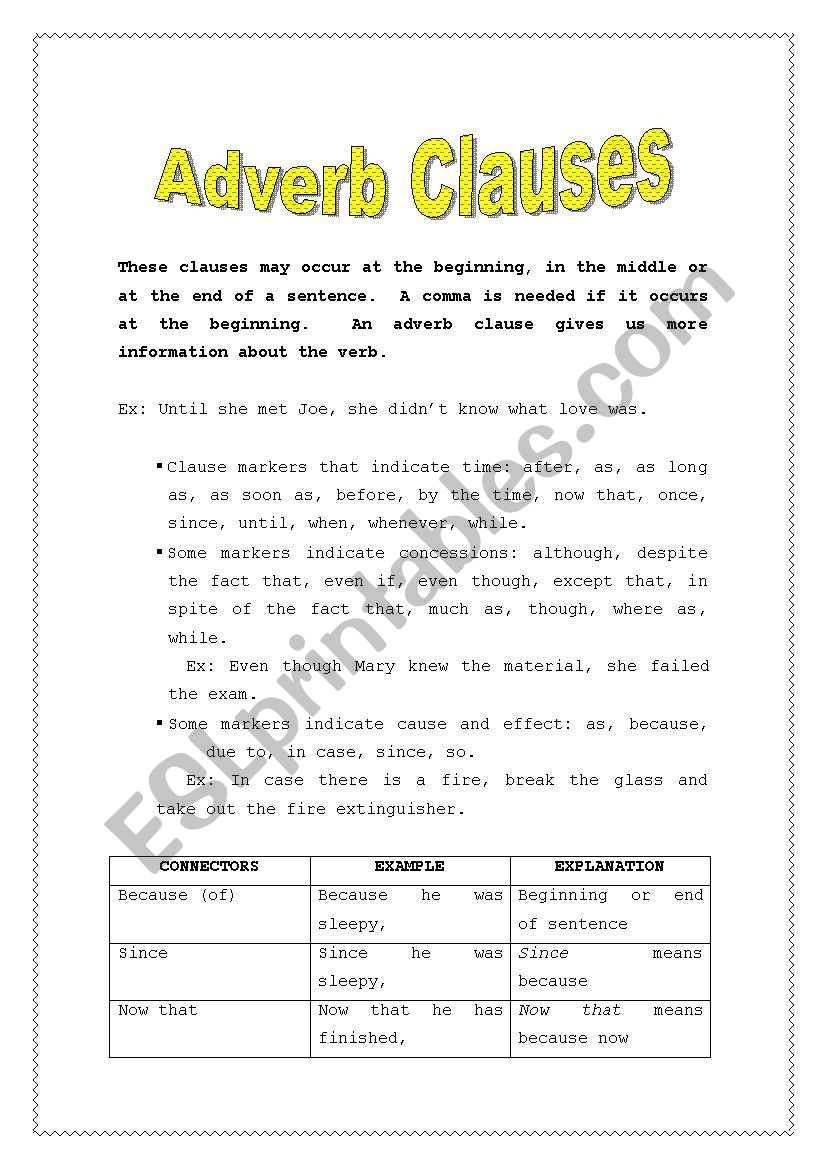 Adverb Clauses ESL Worksheet By Lizgc7