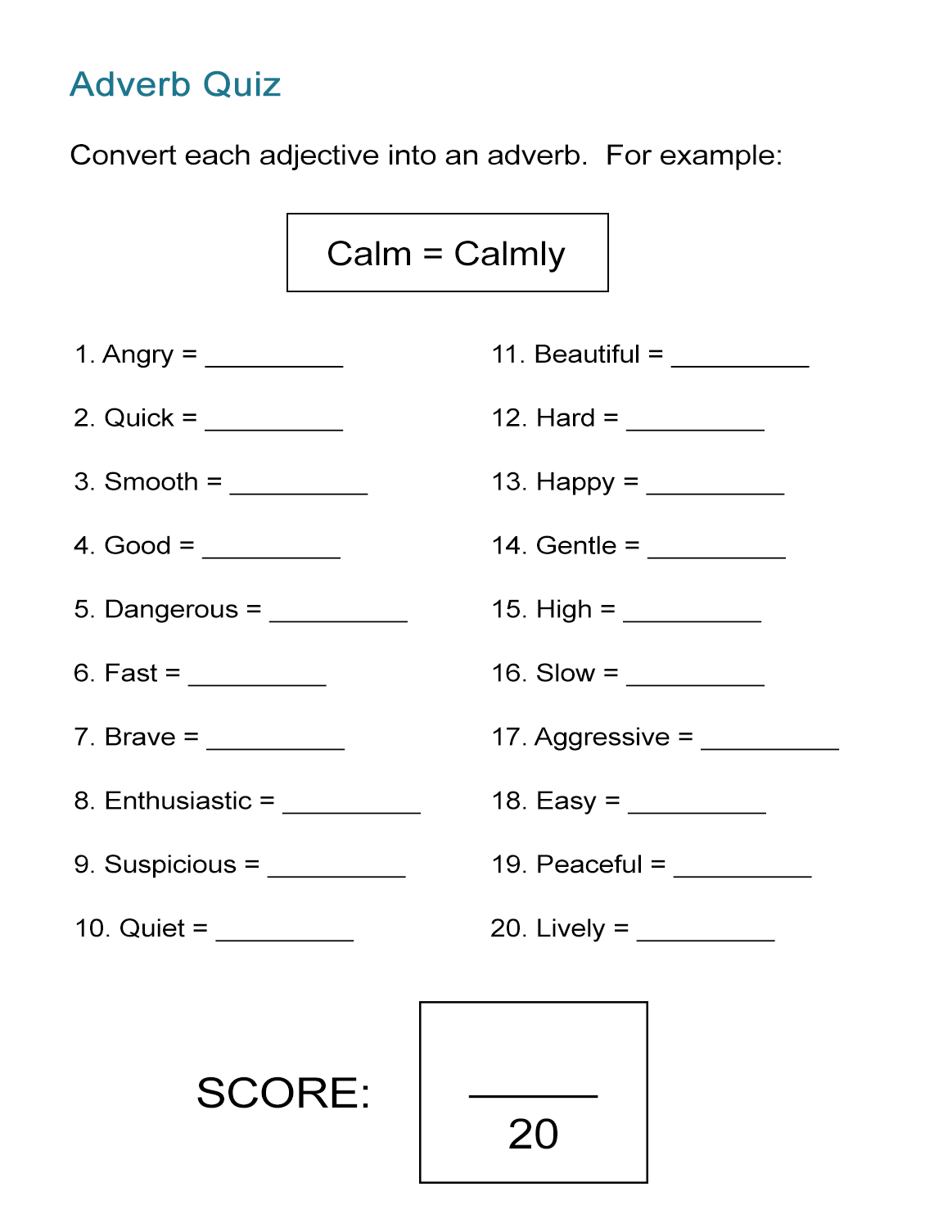 Adverb Quiz Worksheet AdverbWorksheets