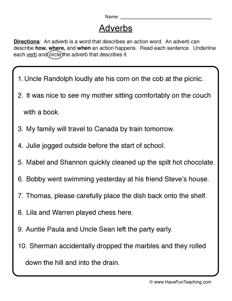 Adverb Worksheet 2 Circle Underline