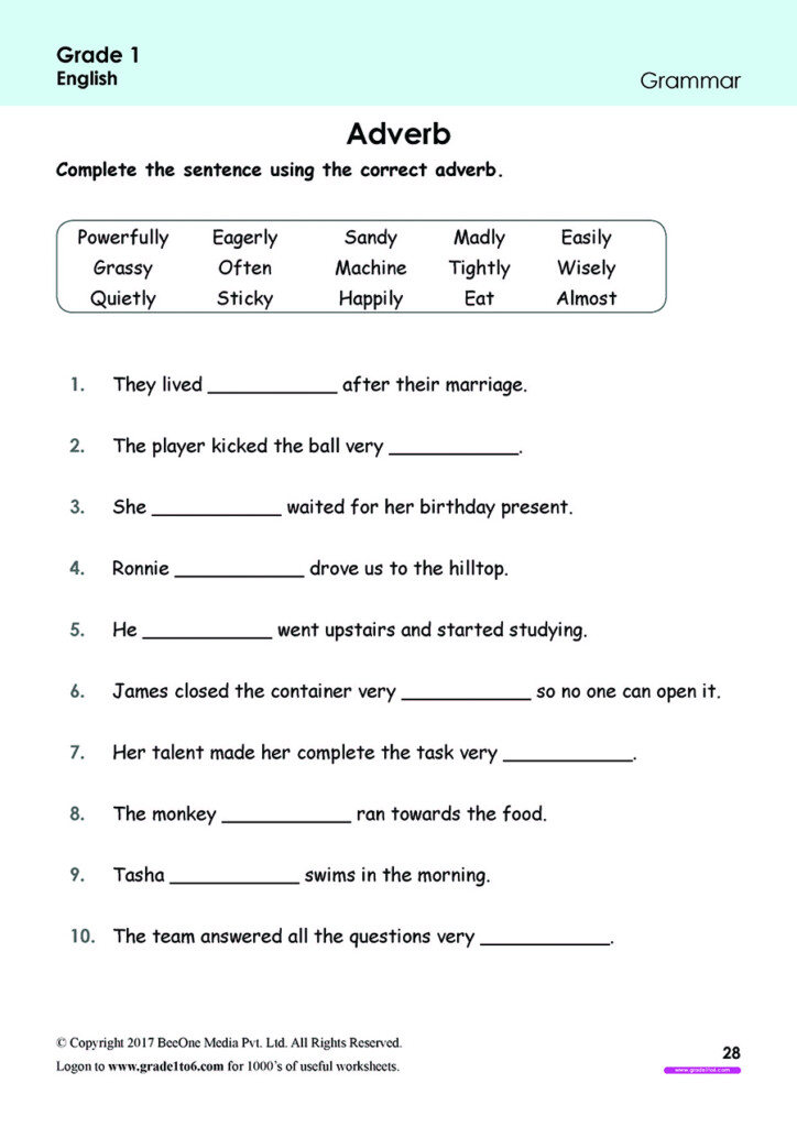 Adverb Worksheets Free For Grade 1 Class 1 IB CBSE ICSE K12