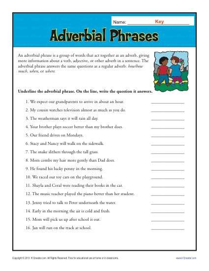 Adverbial Phrases Free Printable Adverb Worksheets Adverbial 