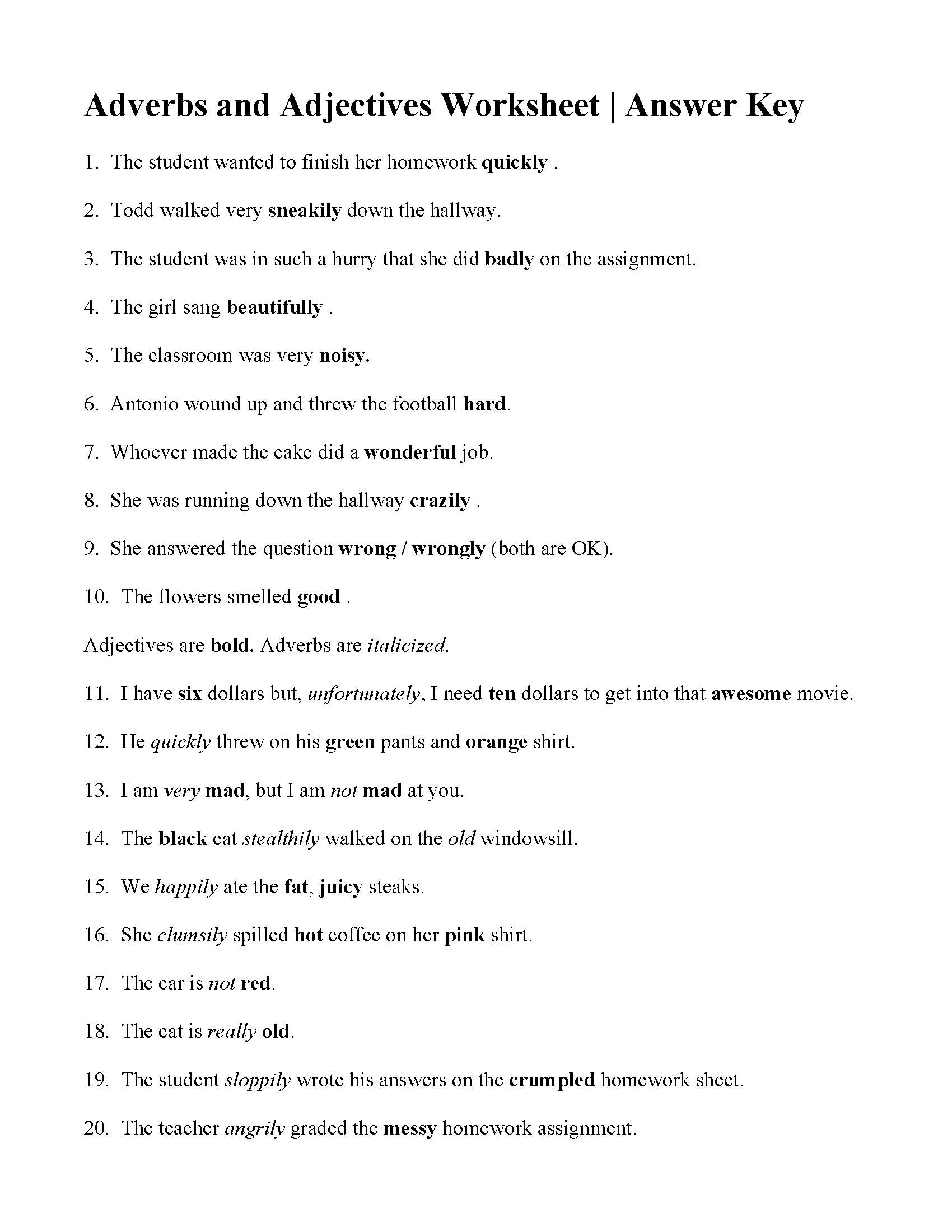 Adverbs And Adjectives Worksheet Pdf With Answers