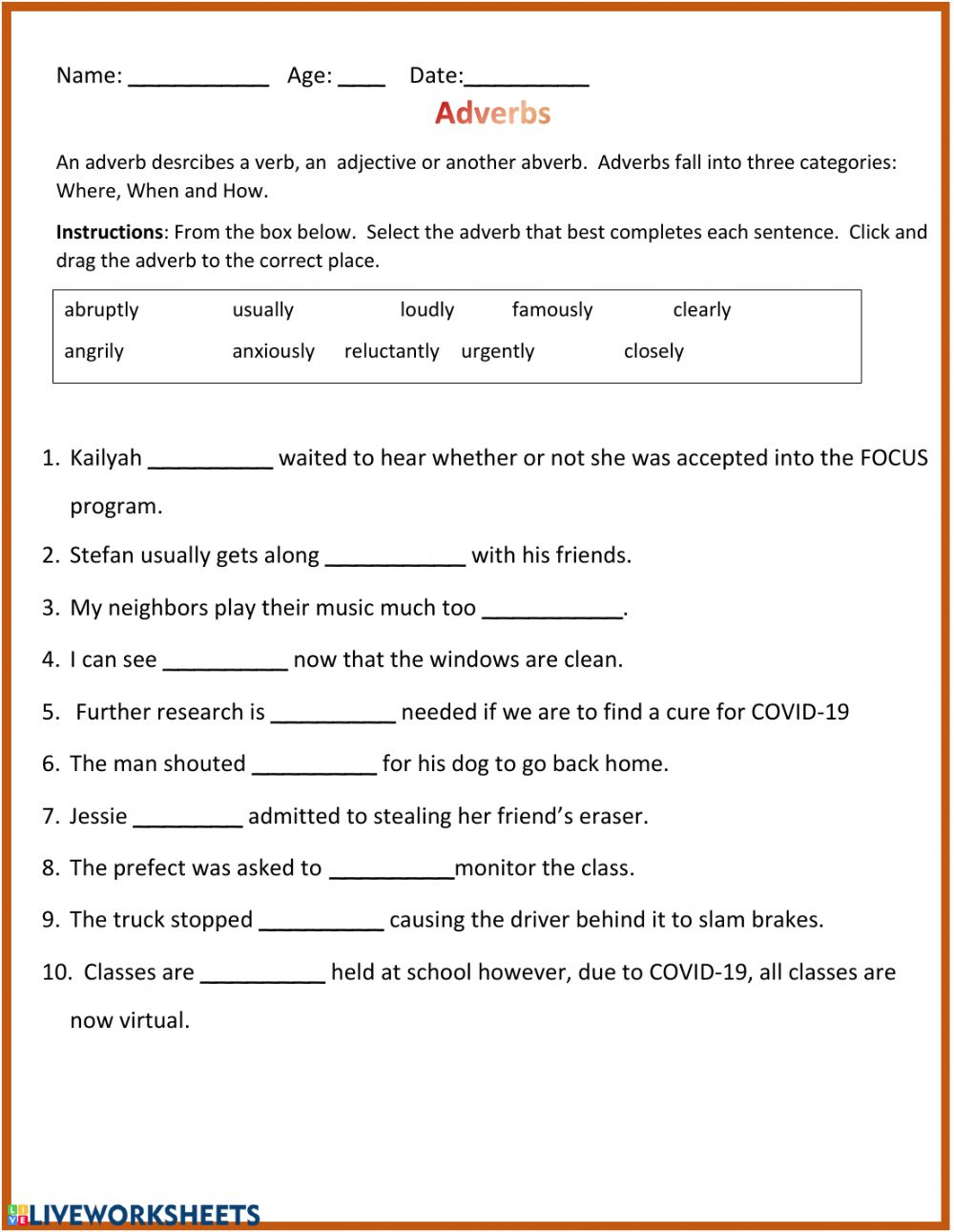 Adverbs Interactive Worksheet For Grade 6