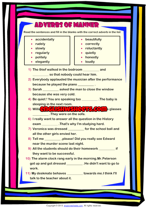 Adverbs Of Manner ESL Grammar Exercise Worksheet