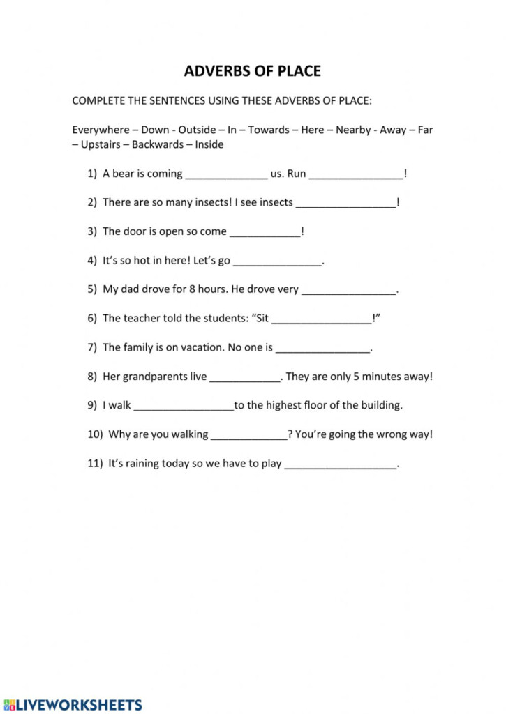 Adverbs Of Place Interactive Worksheet