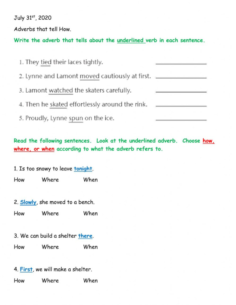 Adverbs That Tell How Where And When Worksheet