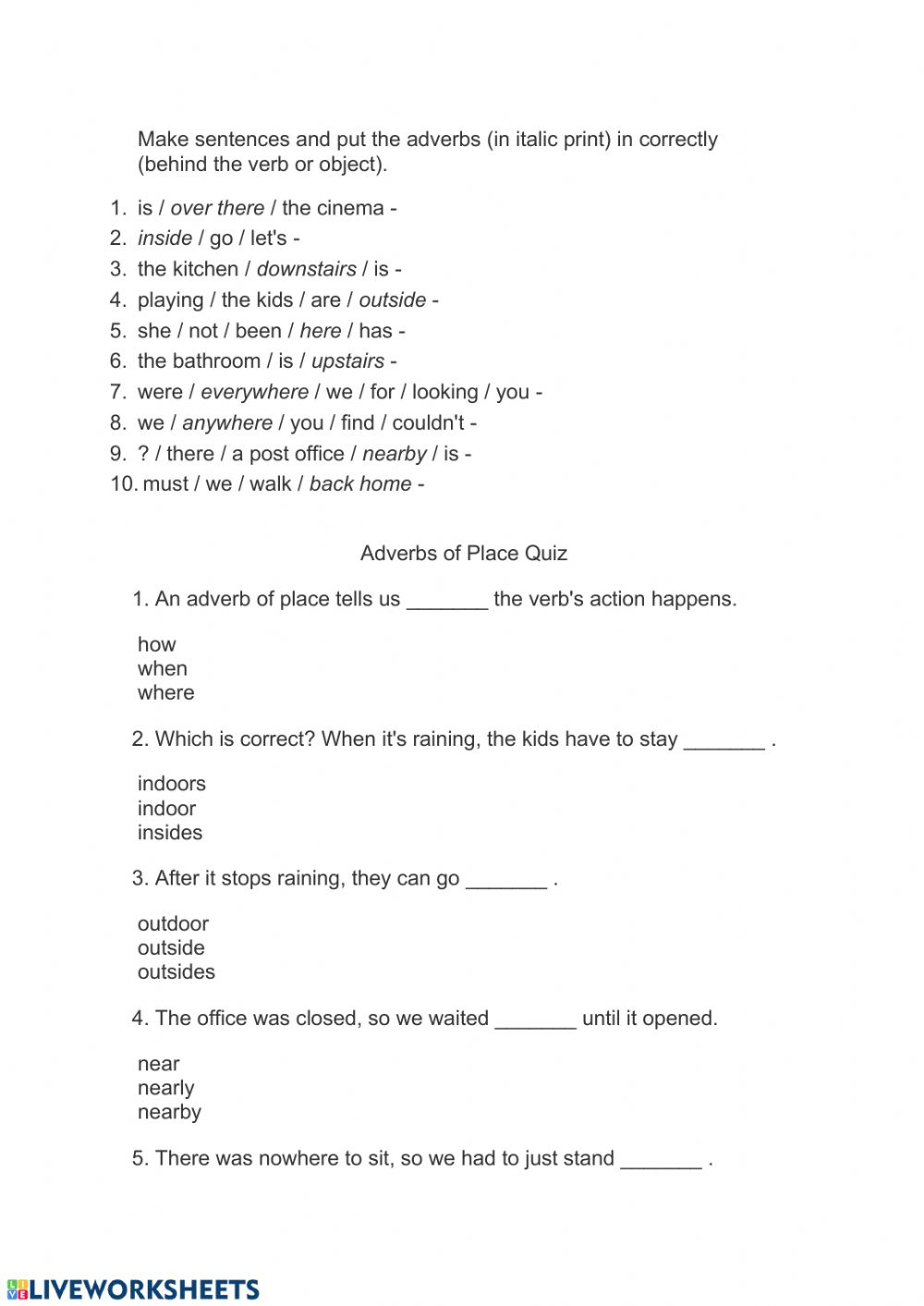 Adverbs Of Place Worksheet For Grade 4 AdverbWorksheets