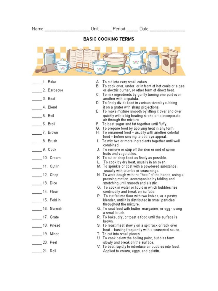 Basic Cooking Terms Worksheet Answers Cooking Basics Worksheets