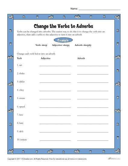 Change The Verbs To Adverbs Printable 3rd 4th Grade Grammar Activity