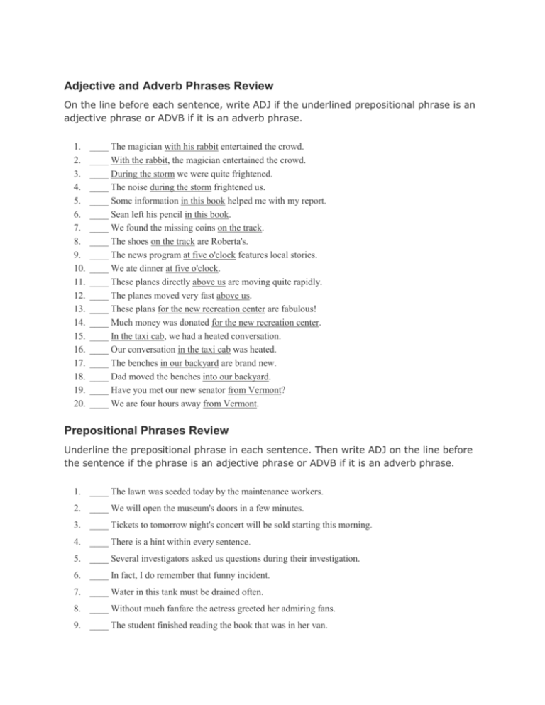 Adverb Prepositional Phrase Worksheet Answers Adverbworksheets Net