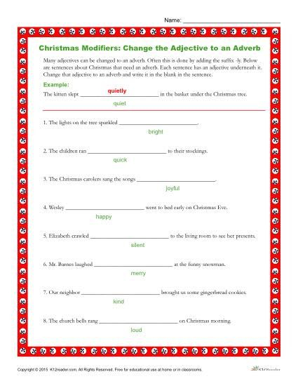 Christmas Modifiers Worksheet Change The Adjectives Adverbs