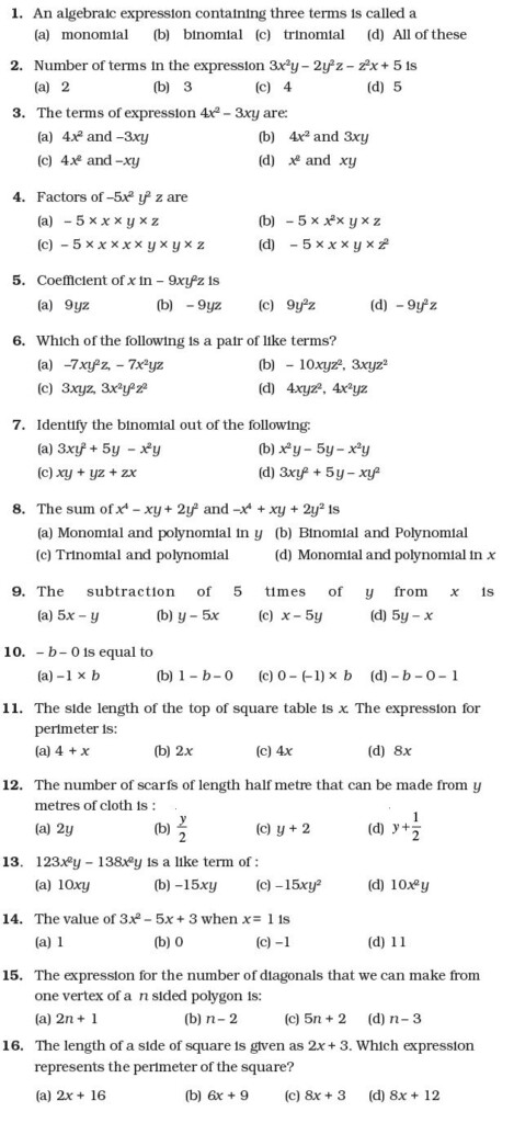 Class 7 Important Questions For Maths Algebraic Expressions 