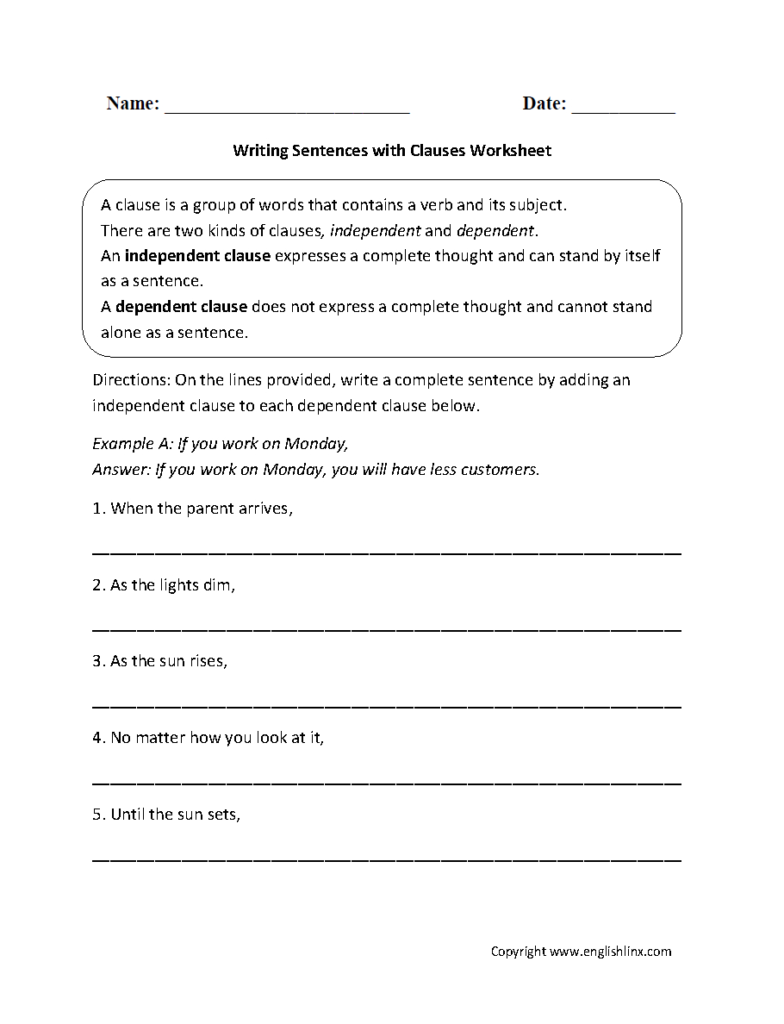 Clauses Worksheets Writing Sentences With Clauses Worksheet Db excel