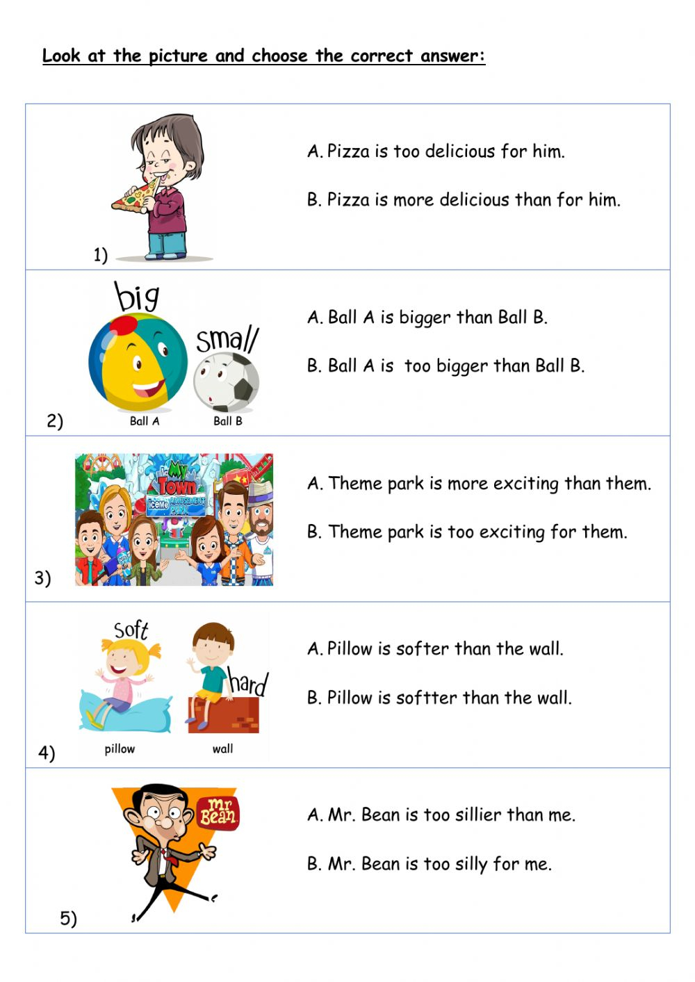Comparative Adjective And Too With Adjectives Worksheet