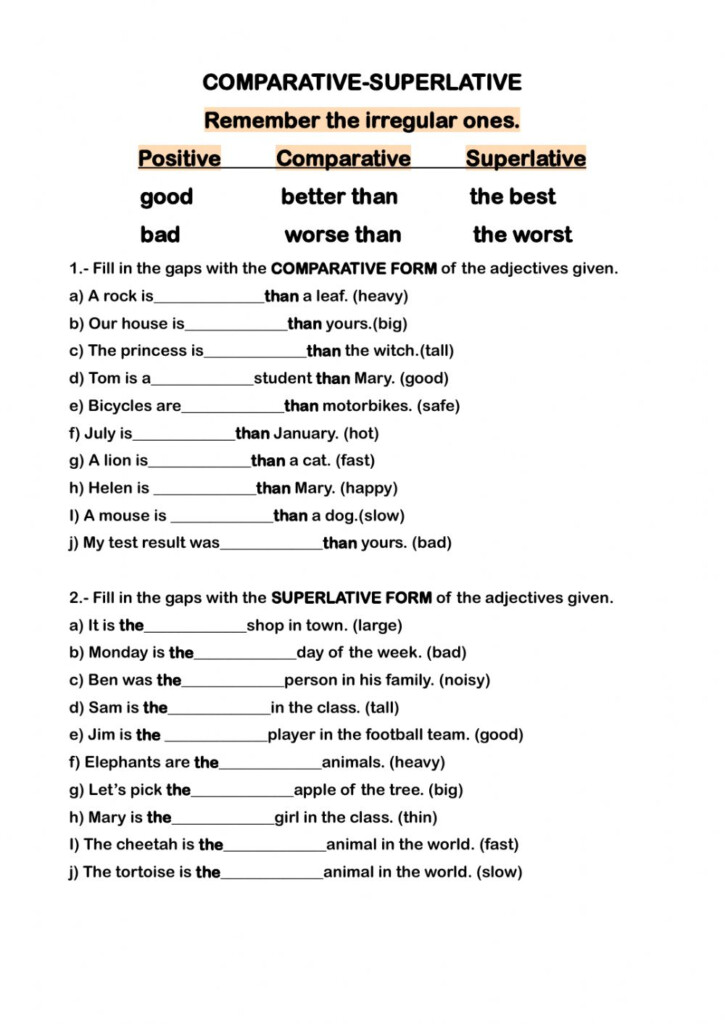 Comparatives And Superlatives Exercise For Grade 5