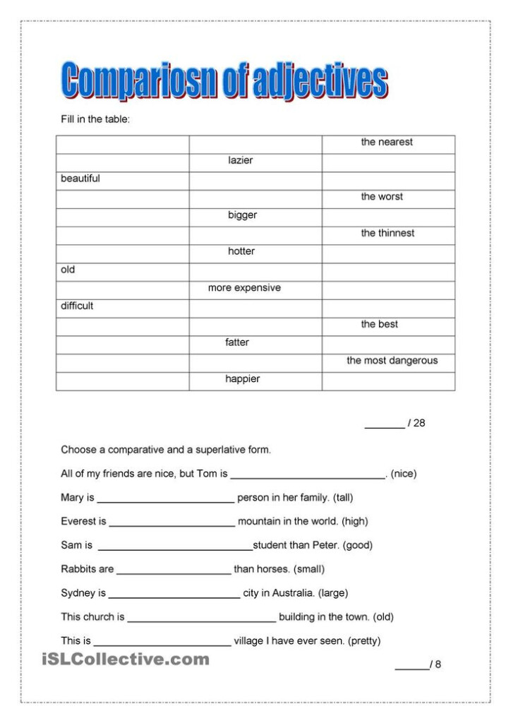 Comparison Of Adjective Adjective Worksheet Adjectives 1st Grade 