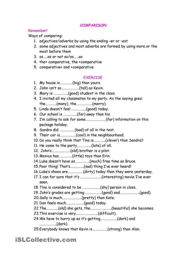 Degrees Of Comparison Degrees Of Comparison Adjective Worksheet 