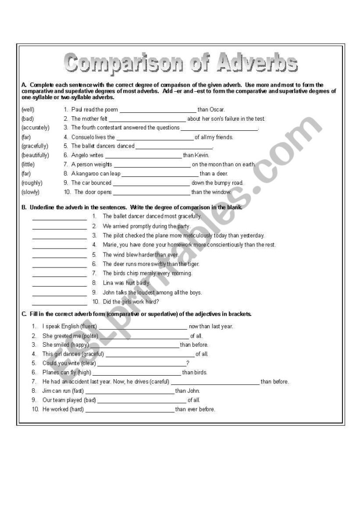 Forming The Degrees Of Comparison Of Adjectives And Adverbs Worksheets AdverbWorksheets