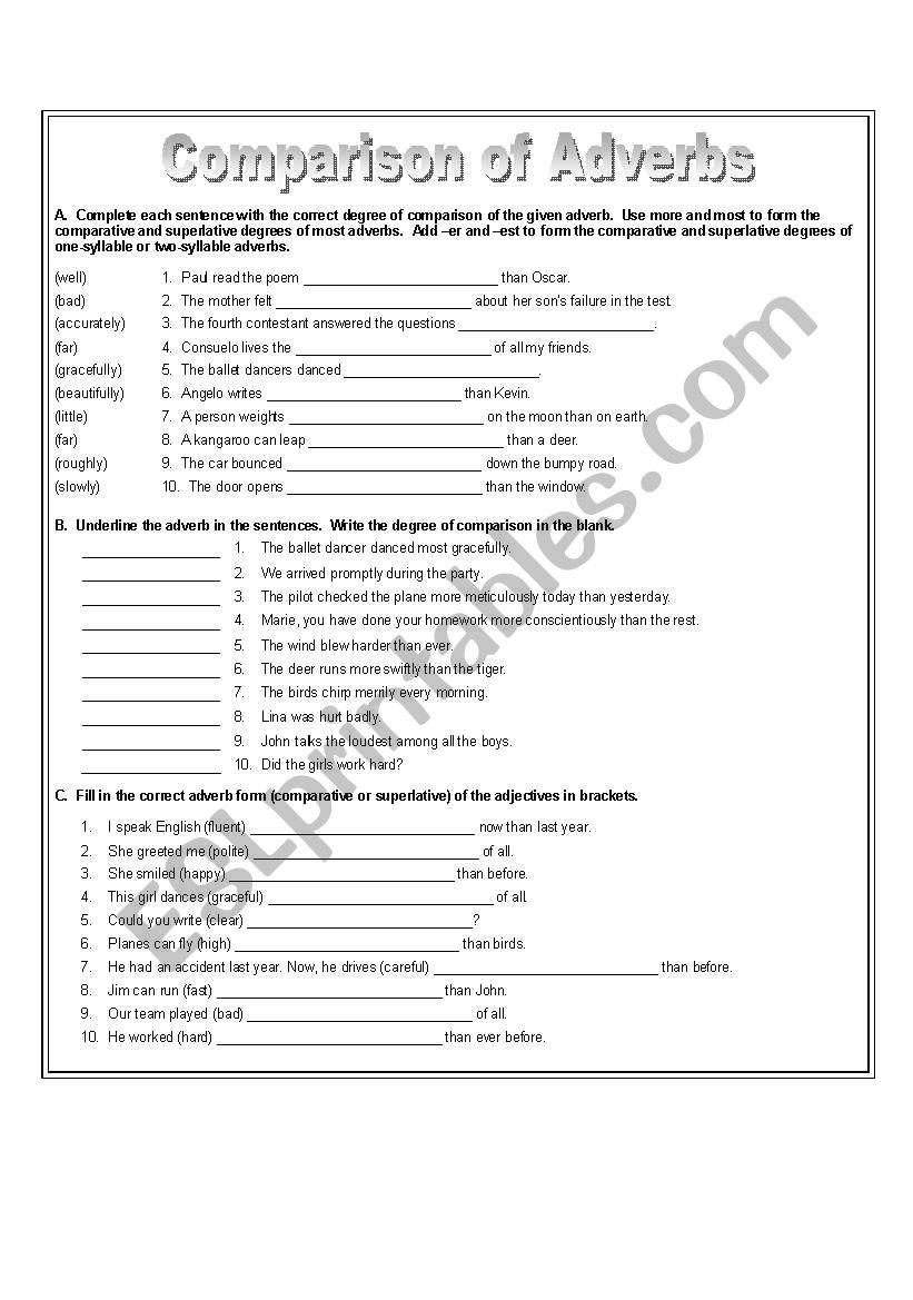 Forming The Degrees Of Comparison Of Adjectives And Adverbs Worksheets AdverbWorksheets