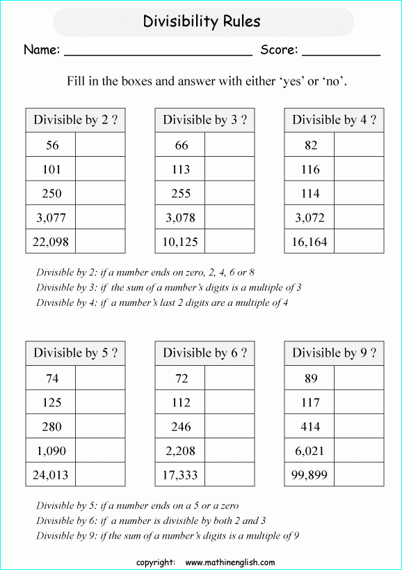 Divisibility Rules Worksheets Grade 5