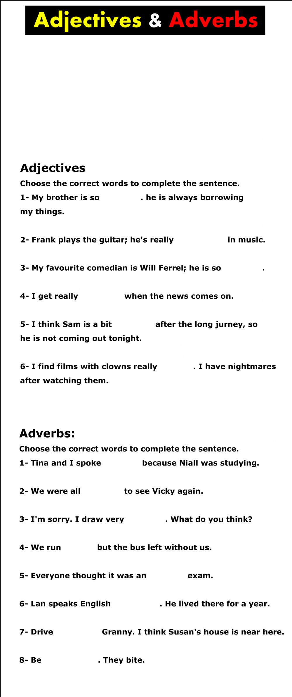 Ejercicio De Adjectives And Adverbs Worksheet 9th Grade