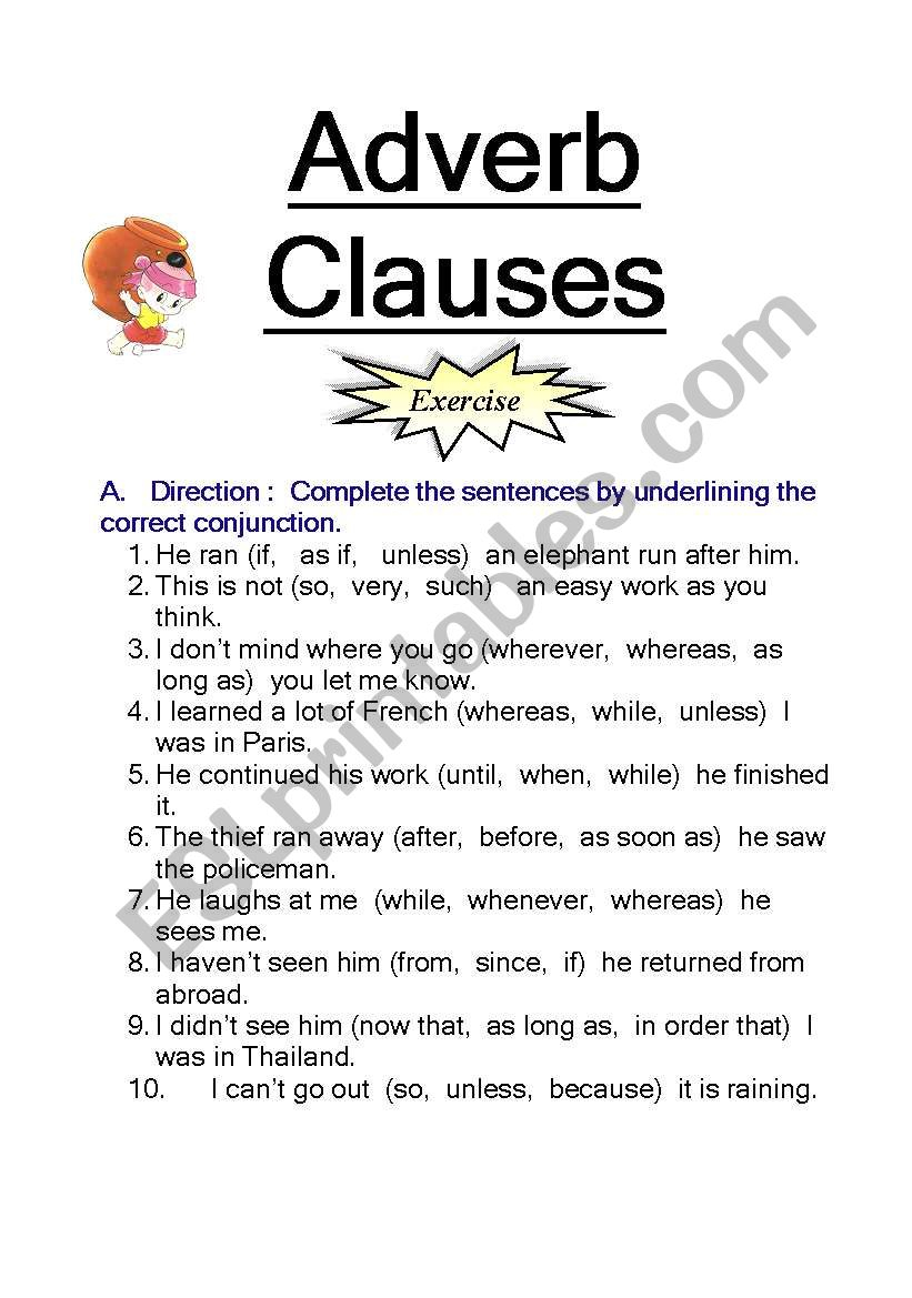 English Worksheets Adverb Clauses - AdverbWorksheets.net