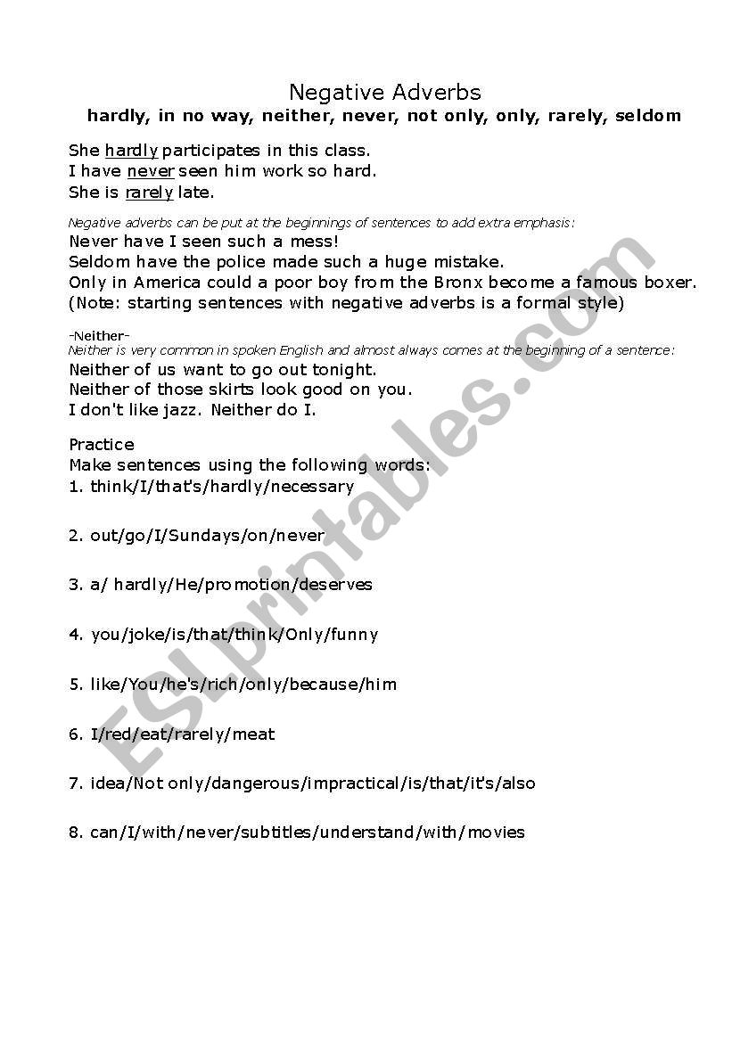 English Worksheets Negative Adverbs