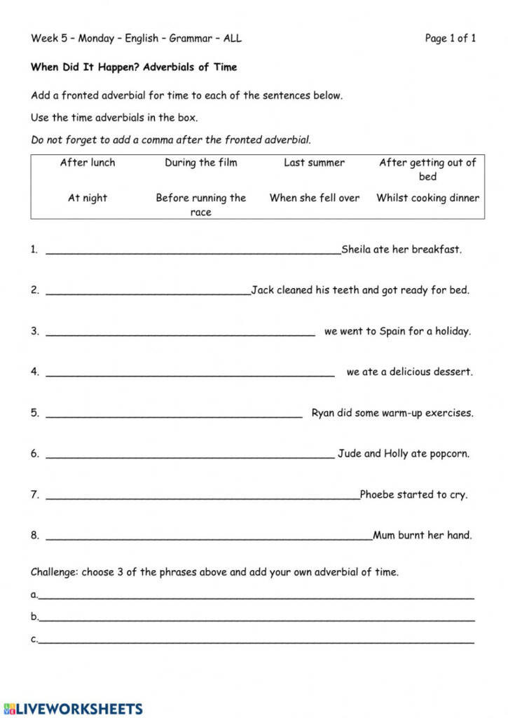 Fronted Adverbials Worksheet