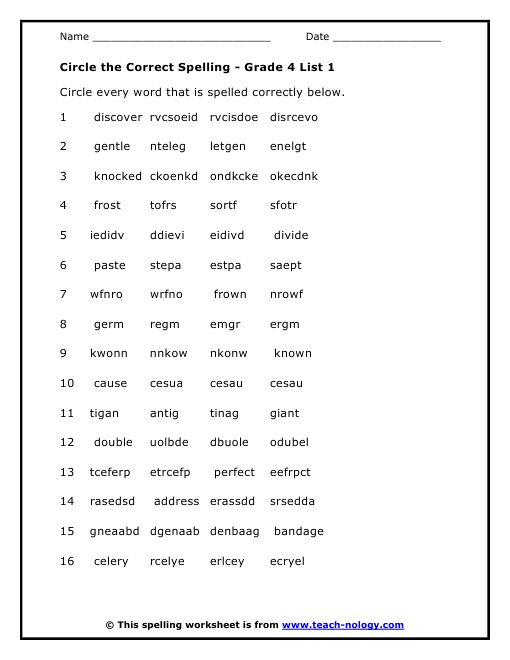 Grade 4 List 1 Circle The Correct Spelling Spelling Worksheets 