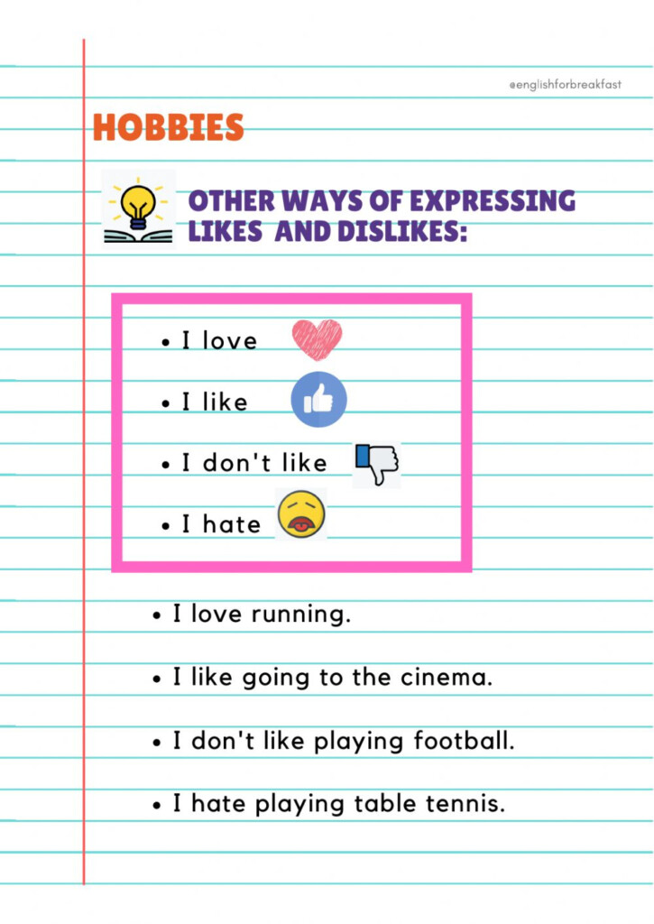 Grammar Expressing Likes And Dislikes Hobbies Worksheet