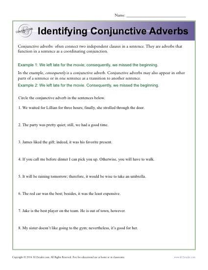 Identifying Conjunctive Adverbs Conjunction Worksheets 