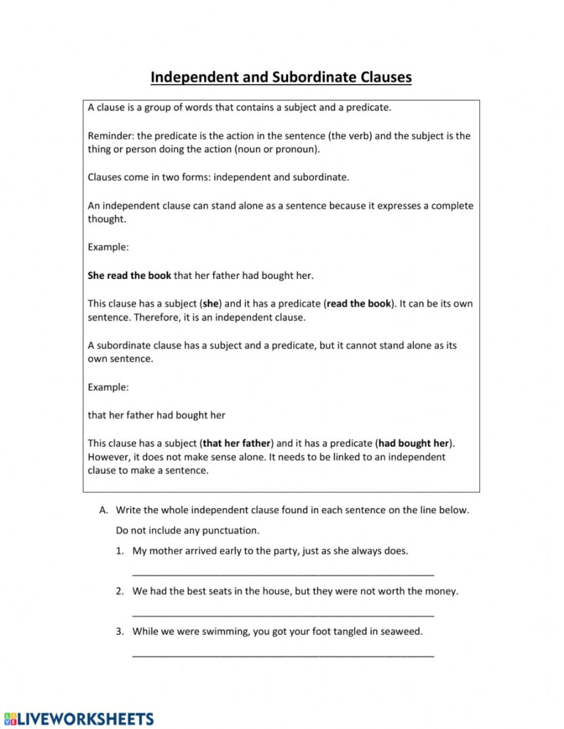Independent And Subordinate Clauses Worksheet