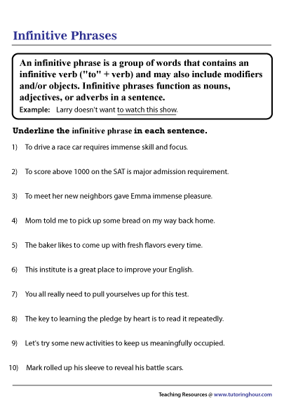 Infinitive Phrase Worksheet