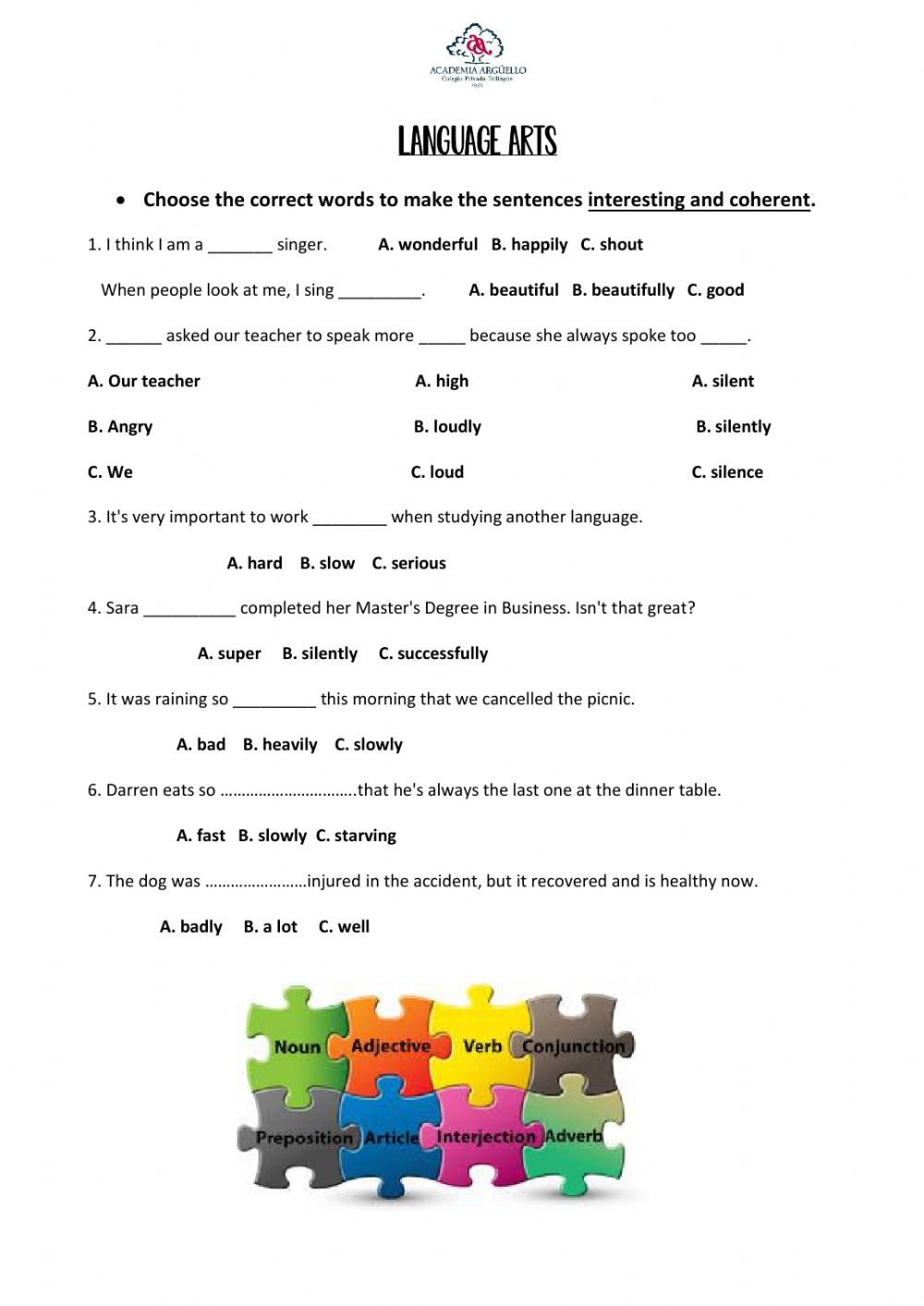 Language Arts Adverbs Worksheet