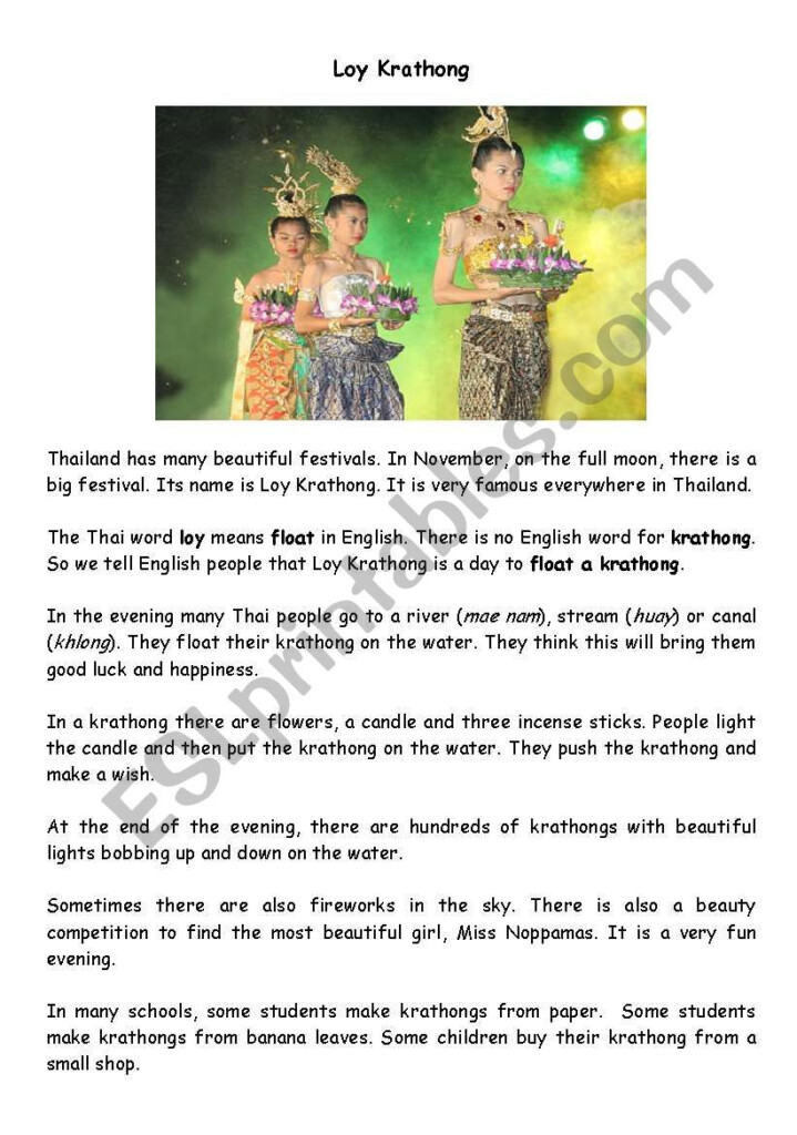 Loy Krathong Festival Thailand ESL Worksheet By Scottinthailand