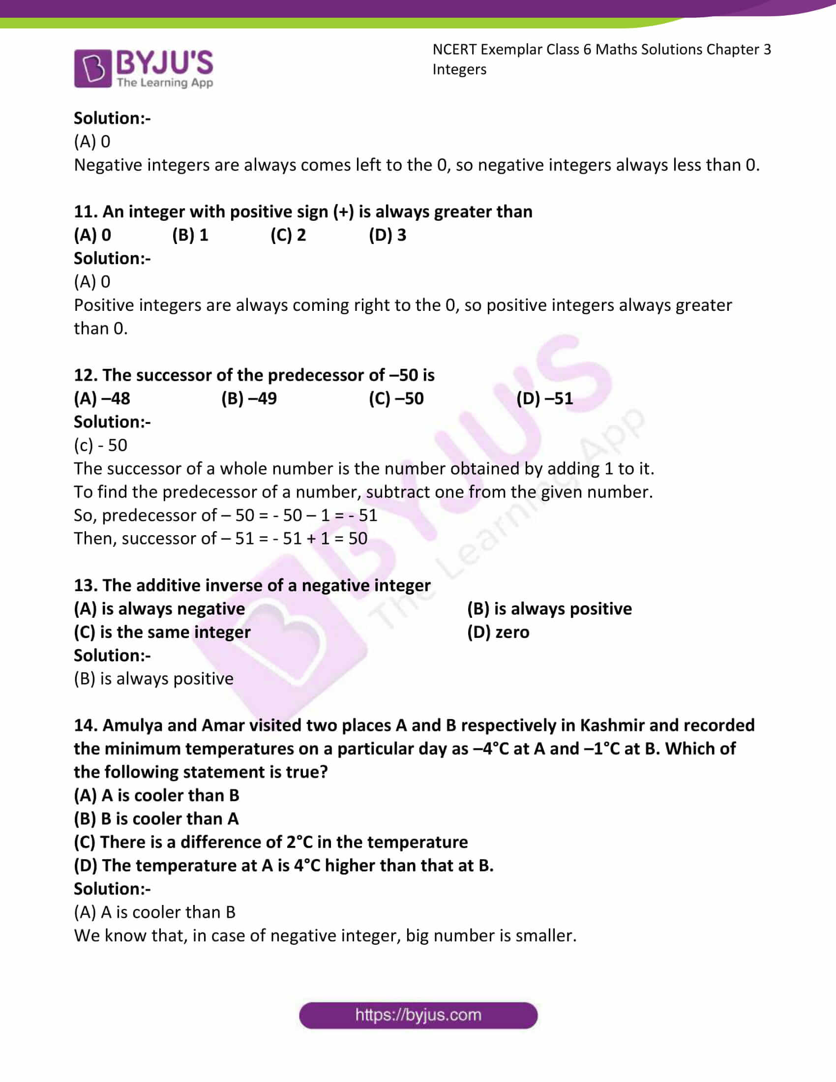 NCERT Exemplar Solutions For Class 6 Maths Chapter 3 Integers Click