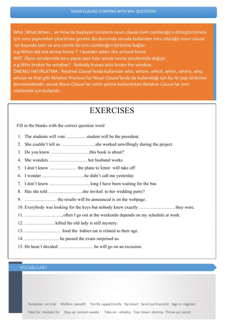 Noun Clauses With Wh Questions Worksheet