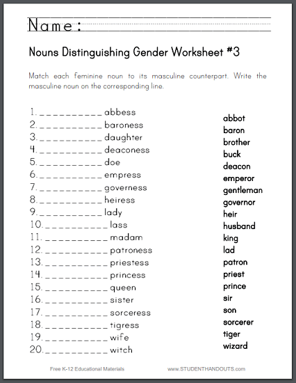 Nouns Distinguishing Gender Matching Worksheet Student Handouts