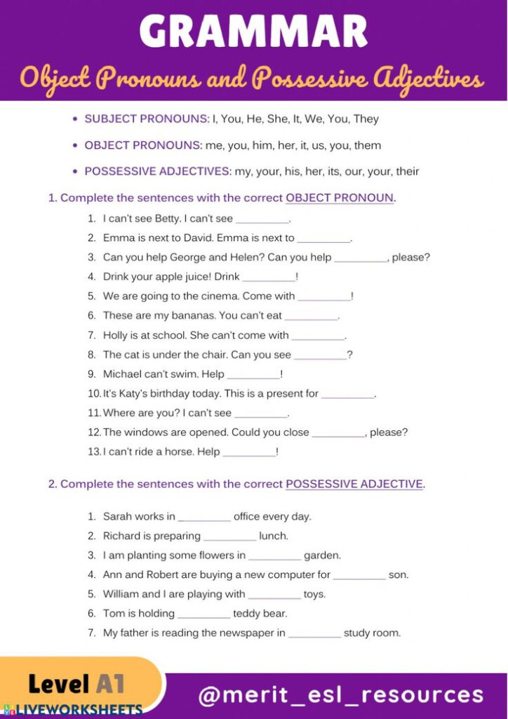 Object Pronouns And Possessive Adjectives Interactive Worksheet In 