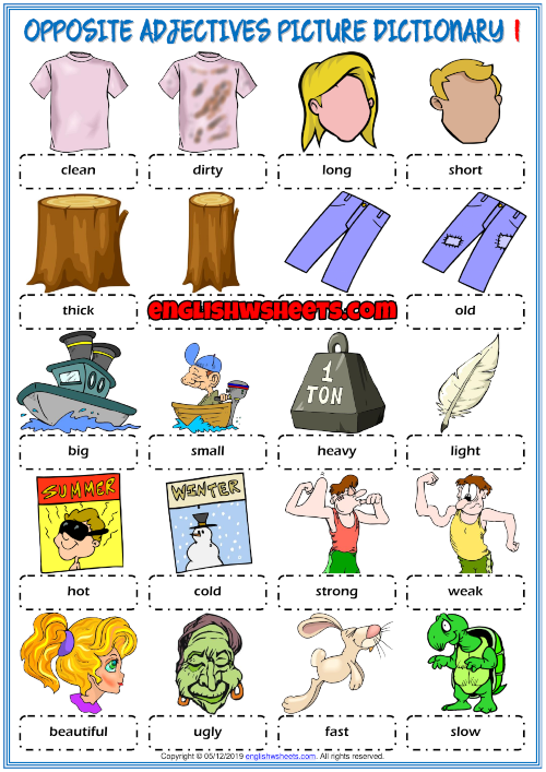 Opposite Adjectives ESL Picture Dictionary Worksheet For Kids