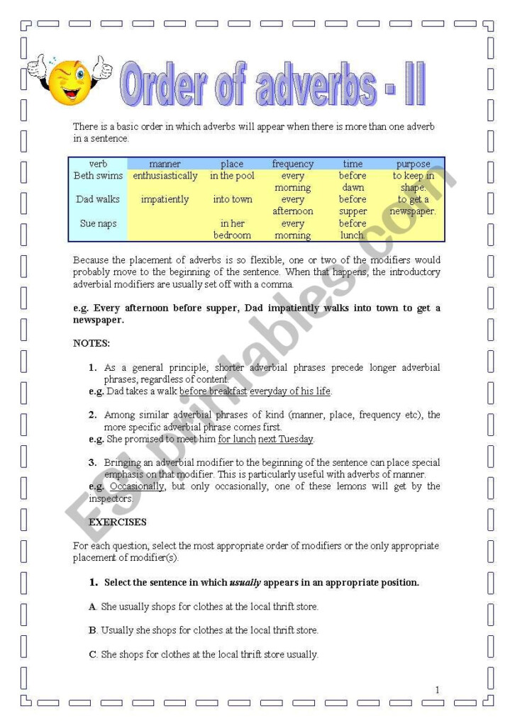 Order Of Adverbs part II 17 08 08 ESL Worksheet By Manuelanunes3