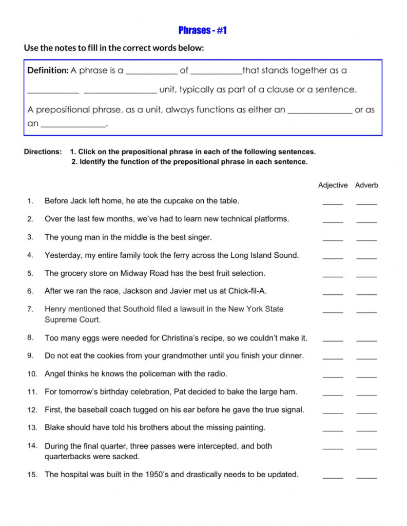 Phrases Worksheet 1 Worksheet