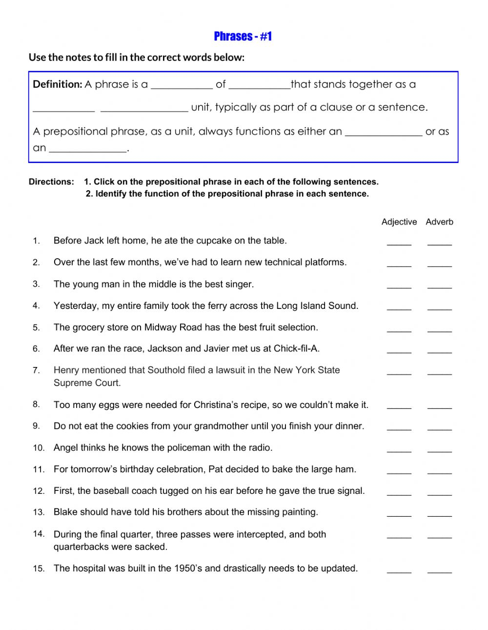 Phrases Worksheet 1 Worksheet