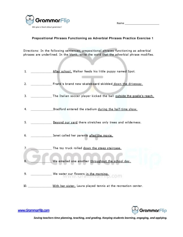 Prepositional Phrase Used As An Adverb Worksheets AdverbWorksheets