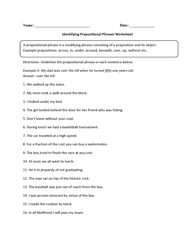 Prepositional Phrases Worksheets Identifying Prepositional Phrases 